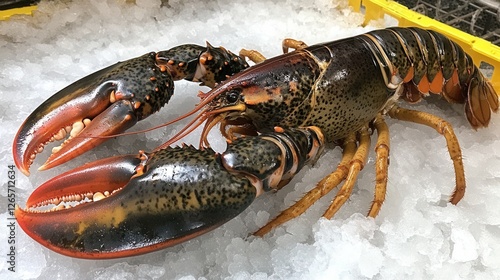 Fresh live lobster on crushed ice – a detailed seafood product with a textured shell and claws.