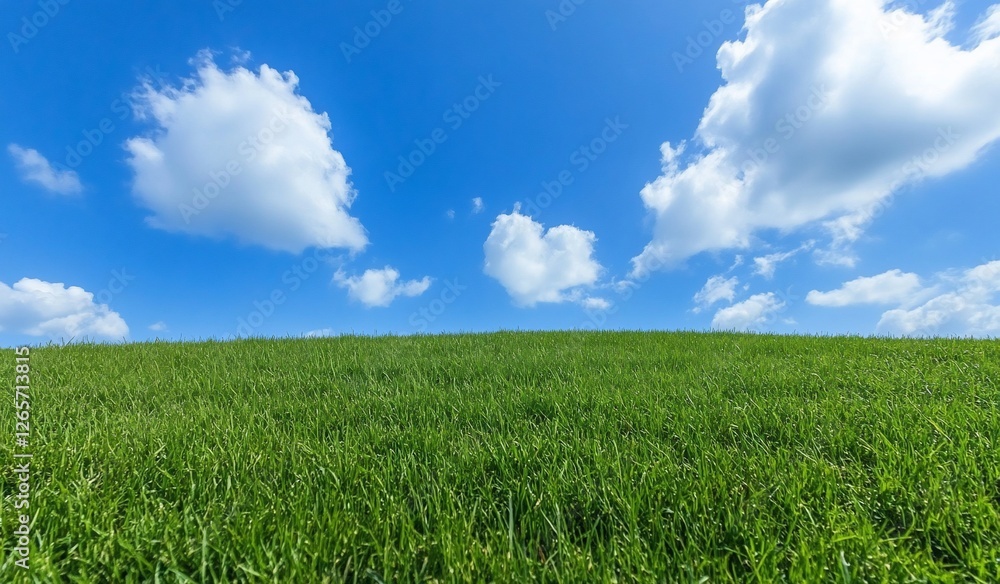 Lush green field against a blue sky with fluffy clouds. Scenic nature wallpaper Lush green field against a blue sky with fluffy clouds. Scenic nature wallpaper