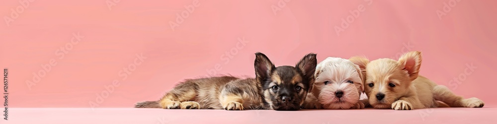 Adorable Trio of Puppies: A Sweet Pink Backdrop Adorable Trio of Puppies: A Sweet Pink Backdrop