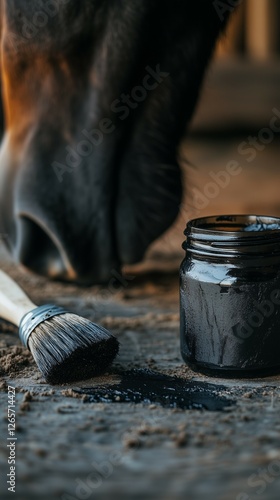 Jar of Tar with Brush for Horse Hooves, Rustic Setting photo