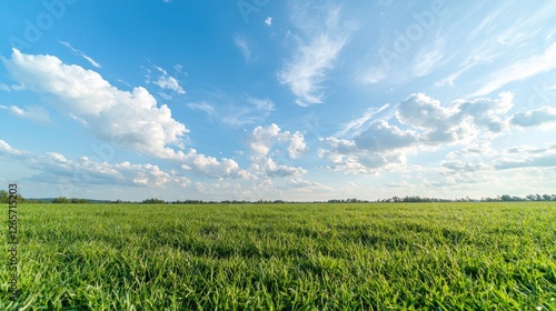 Wide shot of a grassy field under a partly cloudy sky.  Possible use Nature background, landscape photography