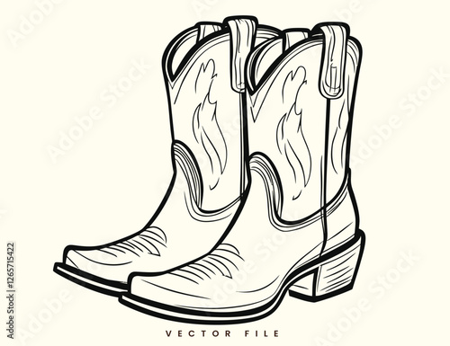 Vintage Cowboy Boot Line Art Illustration