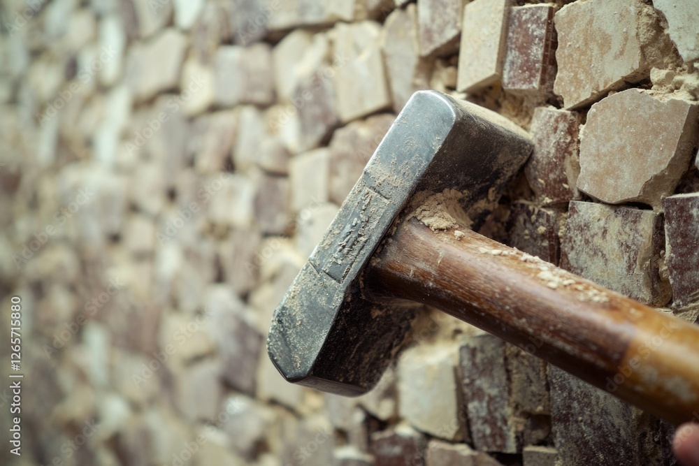 A close-up of a hammer striking a brick wall, highlighting the impact and force A close-up of a hammer striking a brick wall, highlighting the impact and force