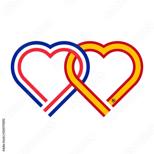 heart shaped ribbon of france and spain flags intertwined. vector illustration isolated on white background