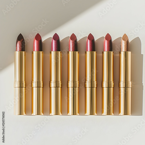 Various shades of lipstick arranged in a row on a white surface photo