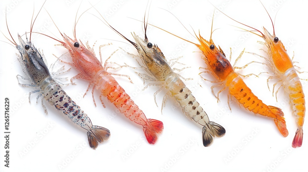 Various species of shrimp on a white background, isolated and detailed. Various species of shrimp on a white background, isolated and detailed.