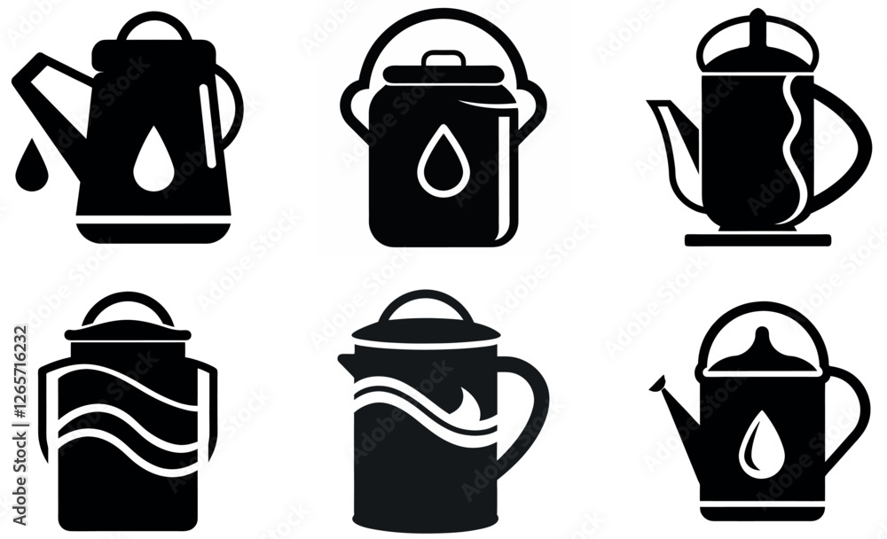 Simple Black and White Kettle and Pot Icons set Simple Black and White Kettle and Pot Icons set