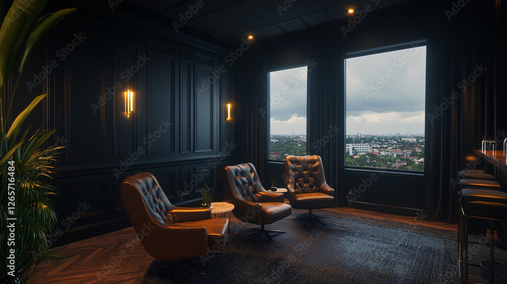 Fototapeta premium Elegant, dark lounge with tufted leather chairs, offering a cityscape view through large windows and ambient lighting.