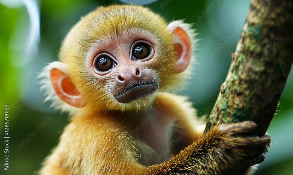 Curious young monkey perched on a tree branch in a lush green jungle, surrounded by vibrant foliage Curious young monkey perched on a tree branch in a lush green jungle, surrounded by vibrant foliage
