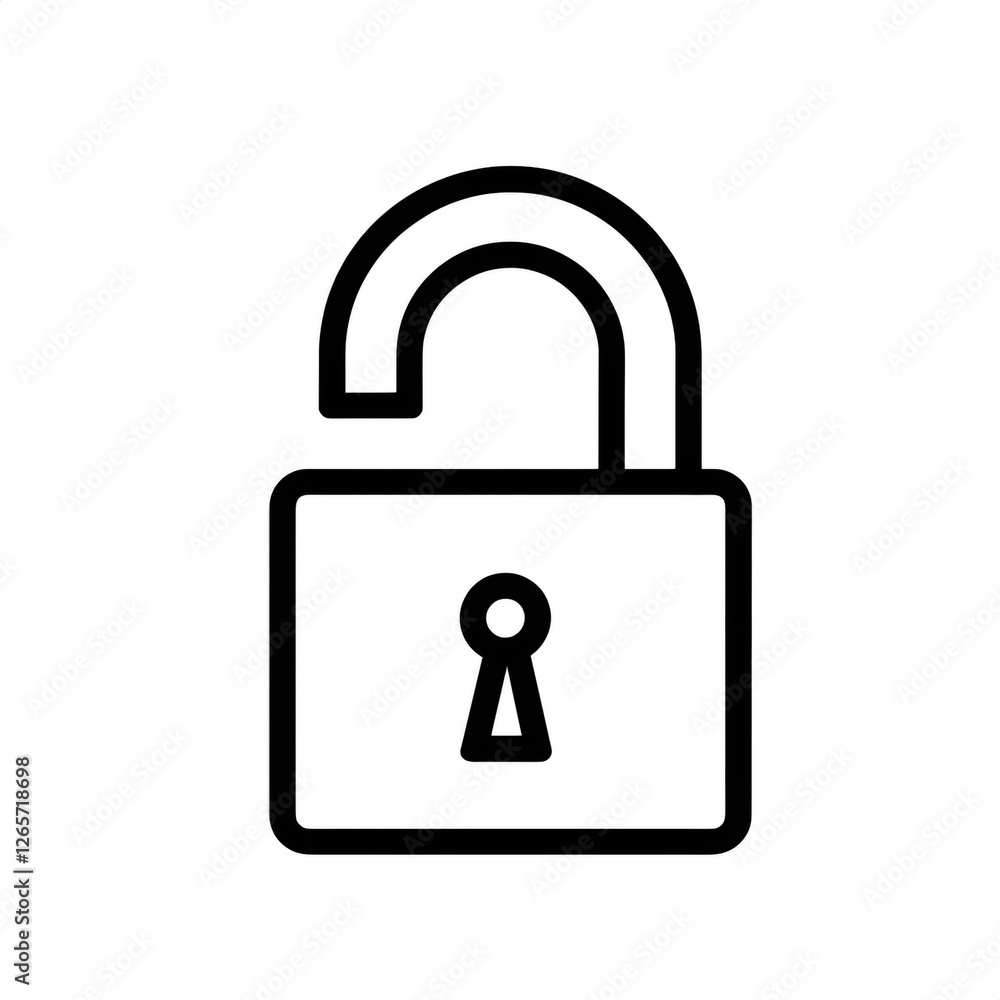 Simple line drawing of an open padlock symbolizing security, access, and data protection Simple line drawing of an open padlock symbolizing security, access, and data protection