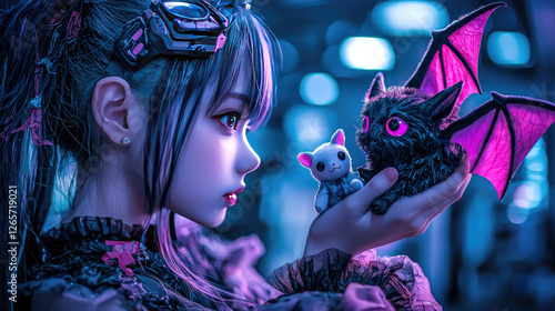 A futuristic girl in a cyberpunk setting holding a cute cat and a bat-like creature with glowing eyes