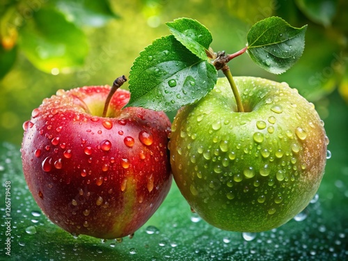 Double Exposure: Vibrant Apples and Lush Green Leaves - Stock Photo