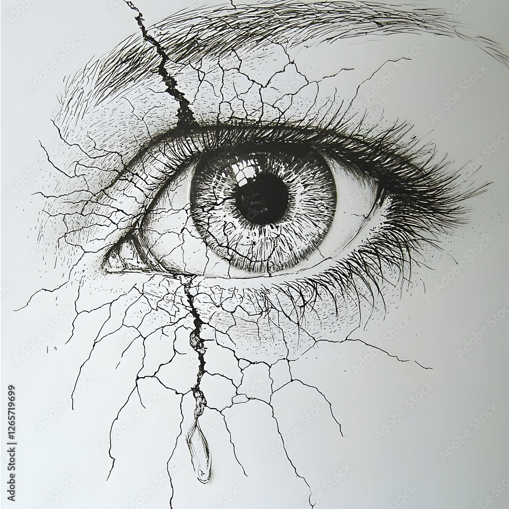 Fototapeta premium Cracked eye, tear, pain, emotional distress, monochrome drawing, artistic expression, mental health illustration, graphic design