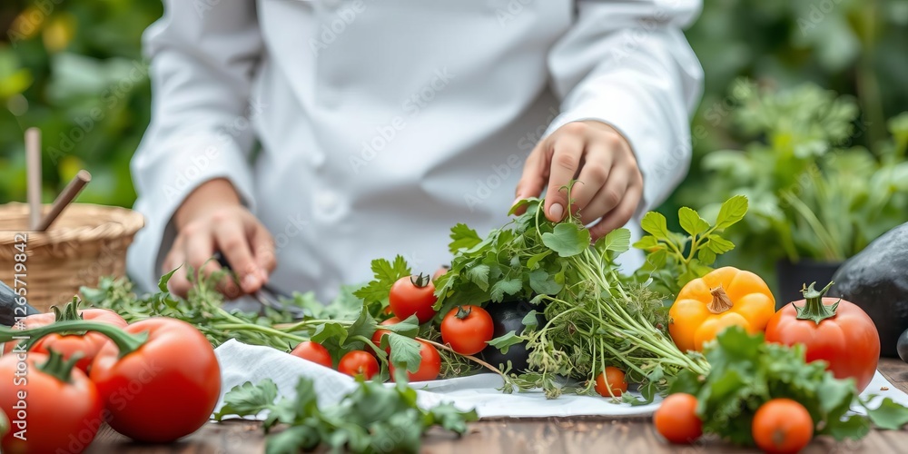 A chef in a lush garden picking fresh herbs and vegetables, showcasing sustainable gastronomy and farm-to-table cooking, sustainable, vegetables, farm-to-table A chef in a lush garden picking fresh herbs and vegetables, showcasing sustainable gastronomy and farm-to-table cooking, sustainable, vegetables, farm-to-table