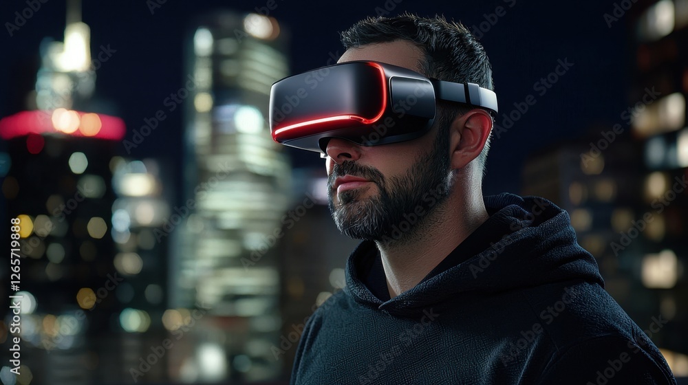 A man wearing a virtual reality headset stands in front of a city skyline A man wearing a virtual reality headset stands in front of a city skyline