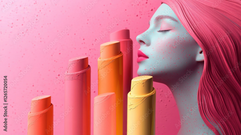 Surreal beauty portrait with artistic lipstick sculpture