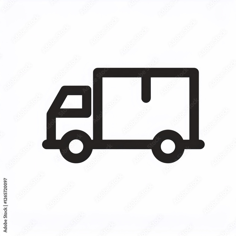 Simple black and white icon of a delivery truck carrying goods, representing shipping and logistics Simple black and white icon of a delivery truck carrying goods, representing shipping and logistics