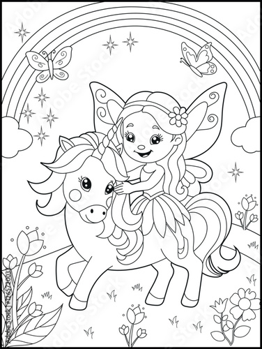 Black and white fairy coloring pages for kids. Children's coloring books with cute cartoon fairy and unicorn characters, fun and educational materials for kindergarten.