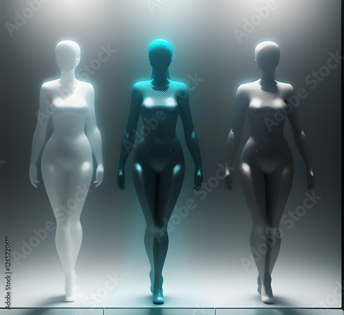 Abstract surrealistic - illustration of glass statue of several people standing in pose. Concept project. mindfulness and meditation. Futuristic. cyberpunk. innovation. generative ai