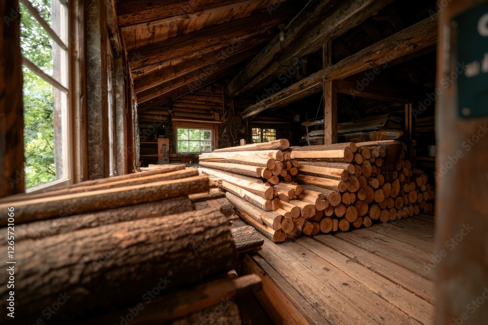 Logs stacked inside wooden cabin, forest seen through the window, rustic storage Logs stacked inside wooden cabin, forest seen through the window, rustic storage
