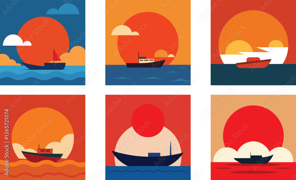 a boat floating on the ocean under a giant orange a boat floating on the ocean under a giant orange