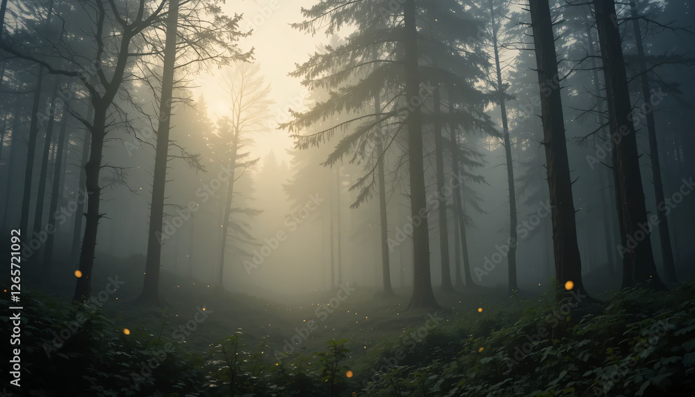 Fototapeta premium Misty Forest Path At Sunrise With Glowing Fireflies