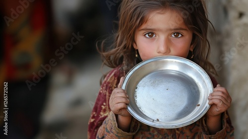 Kabul, Afghanistan - Oct 18 2023: A little Afghan girl, who is in need and hungry, is holding an empty plate