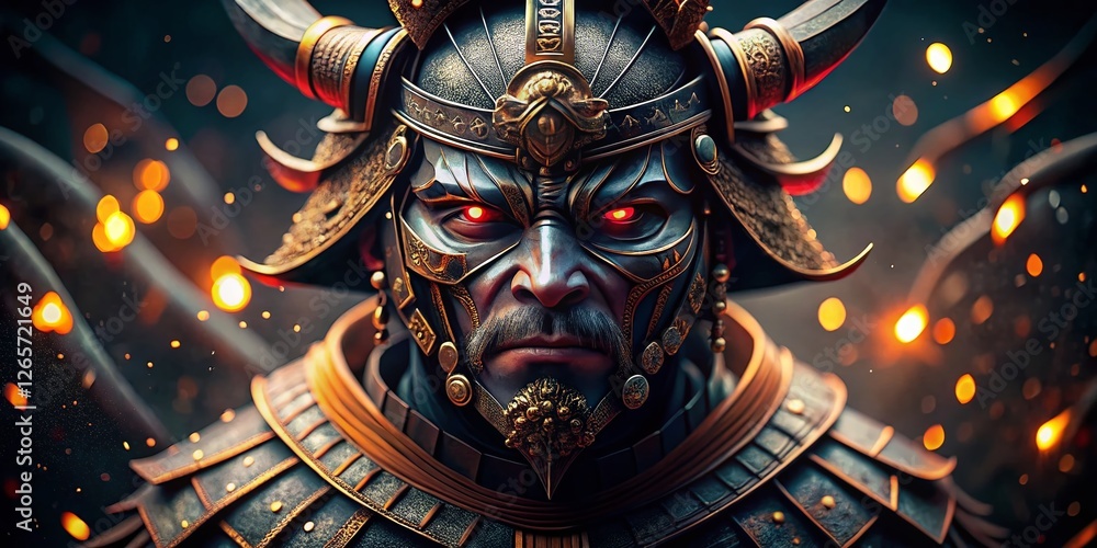 Fototapeta premium Dramatic Bokeh Photo of a Samurai Mempo Mask on Black Background
