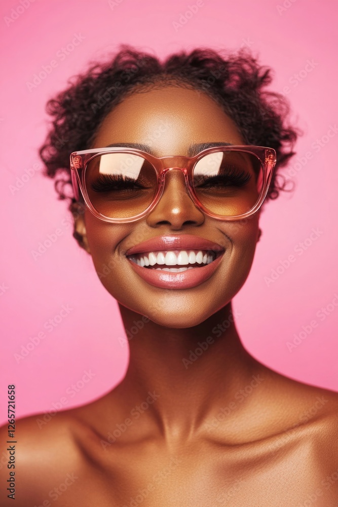 A woman posing for the camera with sunglasses on and a friendly smile A woman posing for the camera with sunglasses on and a friendly smile