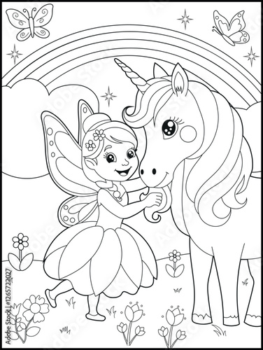 Black and white fairy coloring pages for kids. Children's coloring books with cute cartoon fairy and unicorn characters, fun and educational materials for kindergarten.