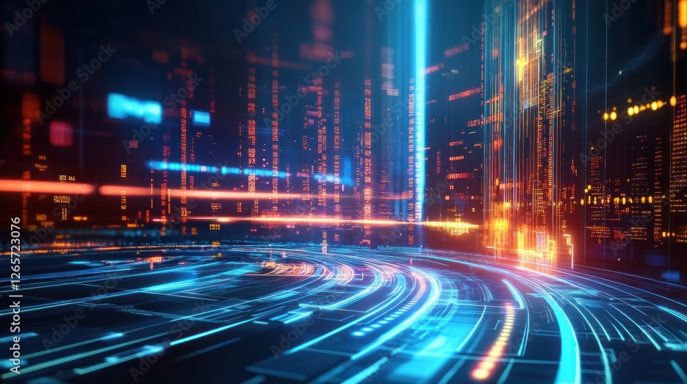 Futuristic Cityscape with Digital Data Flow and Abstract Technology Futuristic Cityscape with Digital Data Flow and Abstract Technology