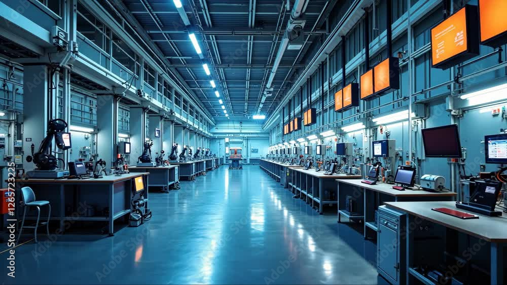 Industry 4.0 smart factory interior showcases advanced automation, machinery, and robotics in a futuristic industrial Industry 4.0 smart factory interior showcases advanced automation, machinery, and robotics in a futuristic industrial