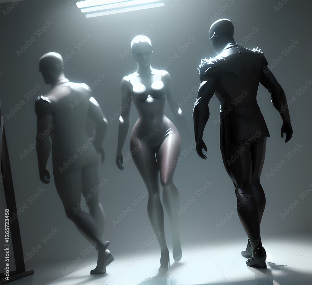Abstract surrealistic - illustration of glass statue of several people standing in pose. Concept project. mindfulness and meditation. Futuristic. cyberpunk. innovation. generative ai Abstract surrealistic - illustration of glass statue of several people standing in pose. Concept project. mindfulness and meditation. Futuristic. cyberpunk. innovation. generative ai
