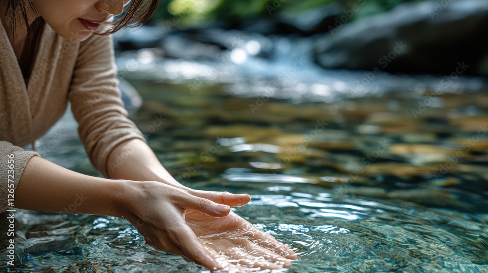 A woman gently cupping water in a clear stream, embodying tranquility and a deep connection to nature in this serene moment of reflection.