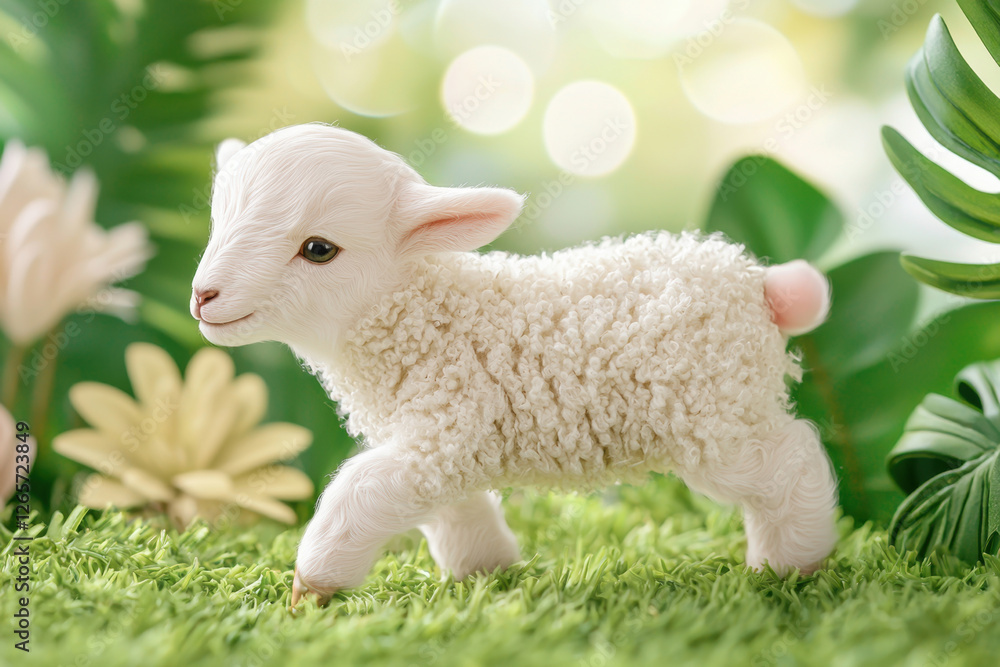 Obraz premium Lambs Frolicking in a Sunlit Field concept. Cute lamb figurine surrounded by greenery and flowers