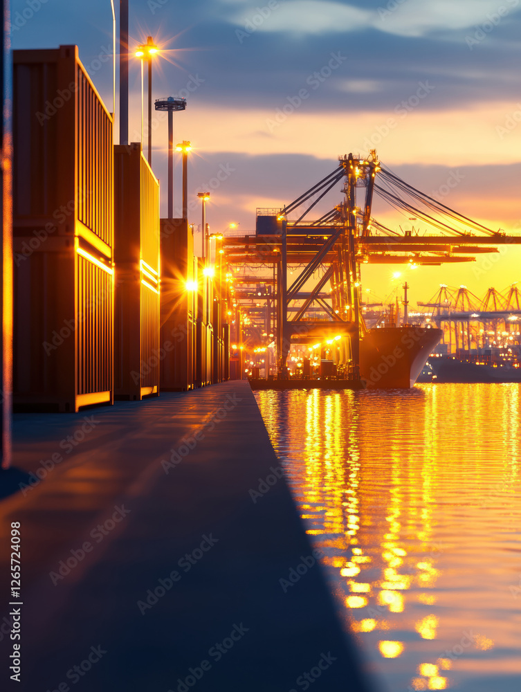 Obraz premium Golden hour at a bustling port, reflecting vibrant lights on the water as cranes and containers silhouette against the twilight.
