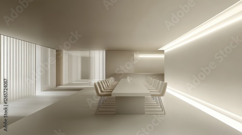 Bright neutral toned conference room with long table and chairs