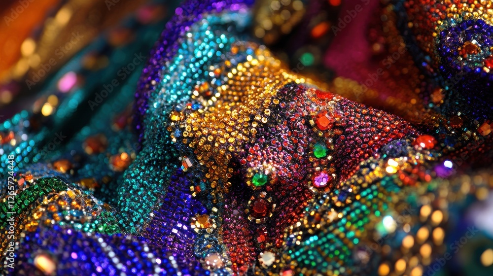 Colorful Textile with Sparkling Beads and Elegant Patterns Colorful Textile with Sparkling Beads and Elegant Patterns