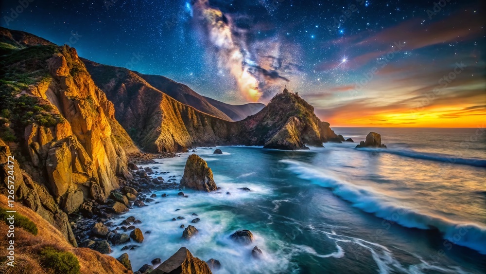 Fototapeta premium Dramatic Night Timelapse: Devil's Slide Coastal Cliffs, Starry Sky, Ocean Waves