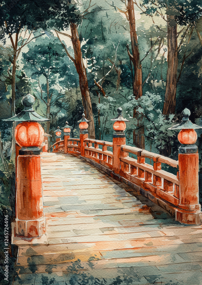 An elegant red bridge arches gracefully through a lush forest, its lanterns casting a warm glow that complements the serene, natural surroundings. An elegant red bridge arches gracefully through a lush forest, its lanterns casting a warm glow that complements the serene, natural surroundings.