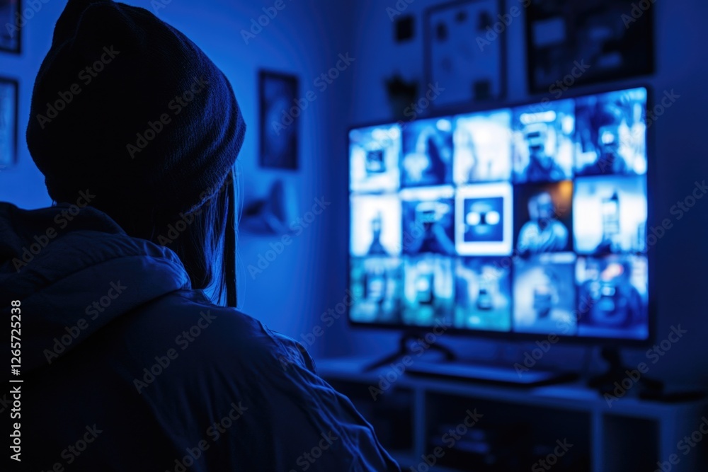 A person sits in a dimly lit room, focused on the TV screen A person sits in a dimly lit room, focused on the TV screen