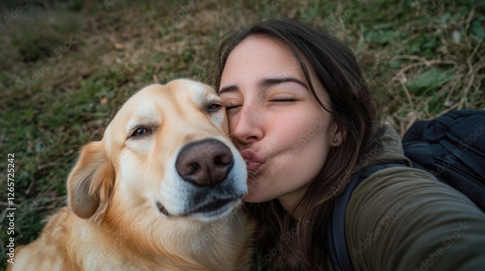 A woman holding a smartphone and smiling as she takes a selfie with her loyal companion, a happy dog A woman holding a smartphone and smiling as she takes a selfie with her loyal companion, a happy dog