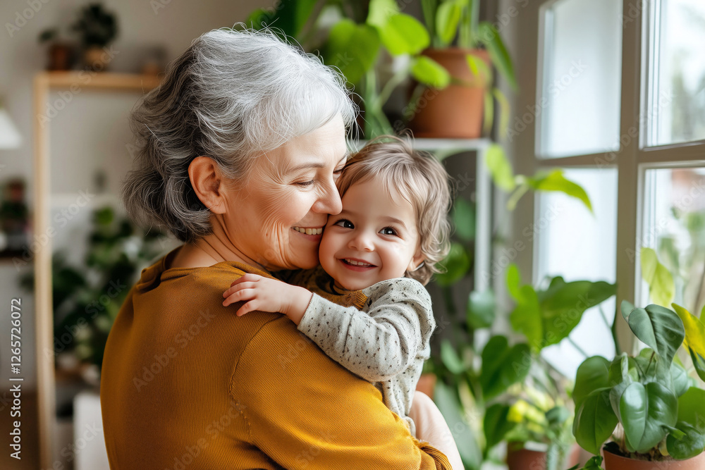 Portrait of a happy grandmother with her granddaughter at home. The concept of a happy family