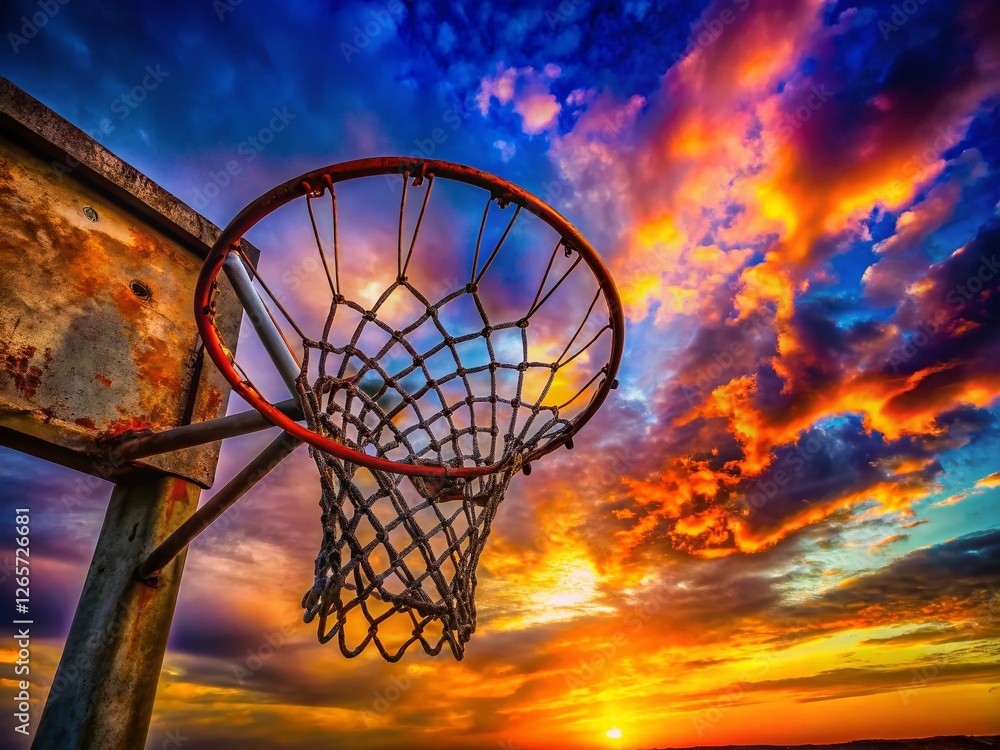Dramatic Sunset Sky Over Abandoned Basketball Hoop - Stock Photo Dramatic Sunset Sky Over Abandoned Basketball Hoop - Stock Photo