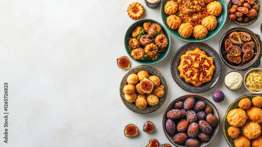 Fototapeta premium Diverse Array of Traditional Sweets and Desserts on a White Table