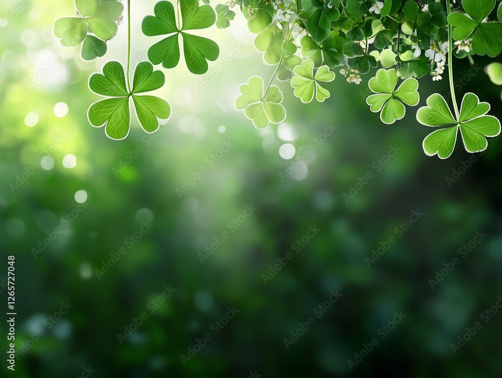 Lush green clovers hanging in soft sunlight with a blurred background Lush green clovers hanging in soft sunlight with a blurred background