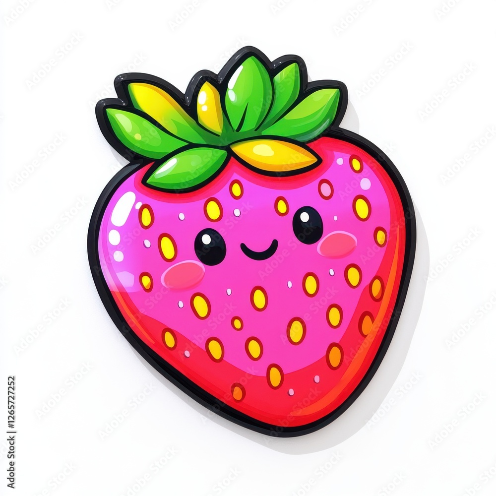 Cute Cartoon Strawberry Character with Smiling Face and Leafy Crown on a Bright White Background Cute Cartoon Strawberry Character with Smiling Face and Leafy Crown on a Bright White Background
