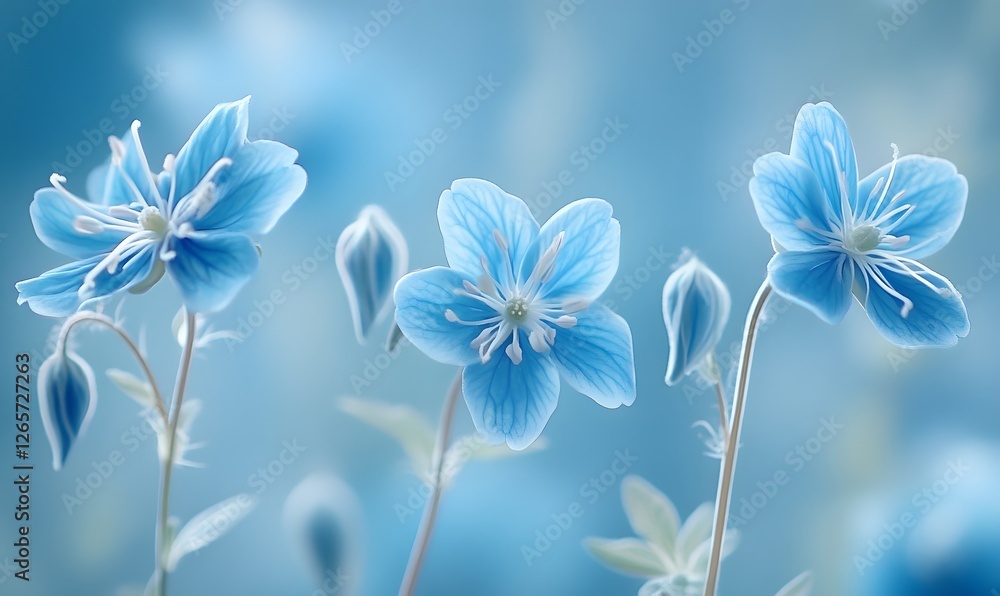 Delicate Blue Flowers with a soft background, in the middle the focus is a flower with five petals Delicate Blue Flowers with a soft background, in the middle the focus is a flower with five petals