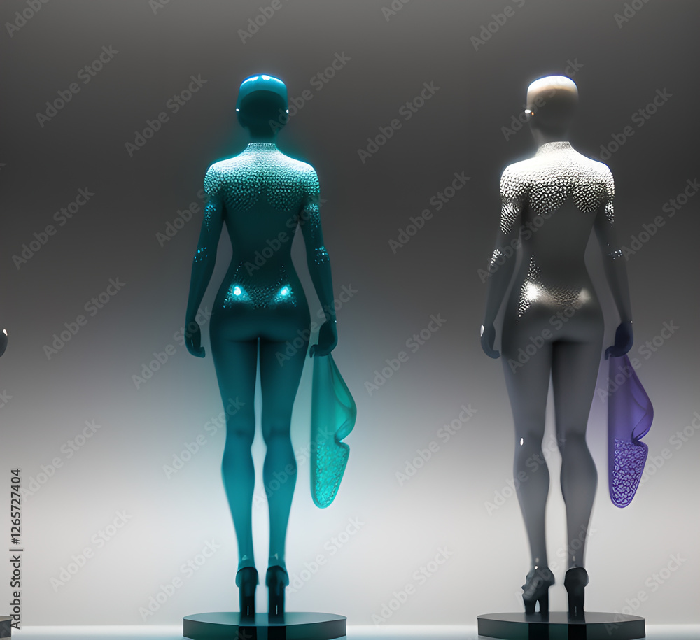 Obraz premium Abstract surrealistic - illustration of glass statue of several people standing in pose. Concept project. mindfulness and meditation. Futuristic. cyberpunk. innovation. generative ai