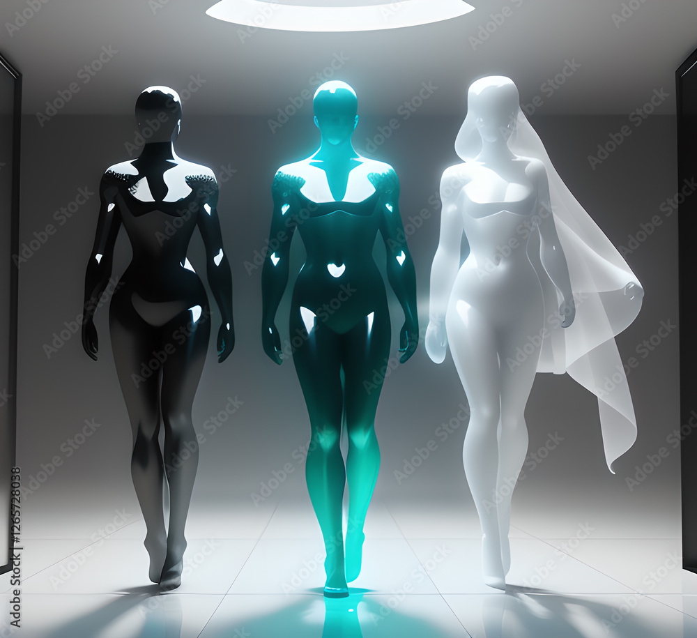 Abstract surrealistic - illustration of glass statue of several people standing in pose. Concept project. mindfulness and meditation. Futuristic. cyberpunk. innovation. generative ai Abstract surrealistic - illustration of glass statue of several people standing in pose. Concept project. mindfulness and meditation. Futuristic. cyberpunk. innovation. generative ai